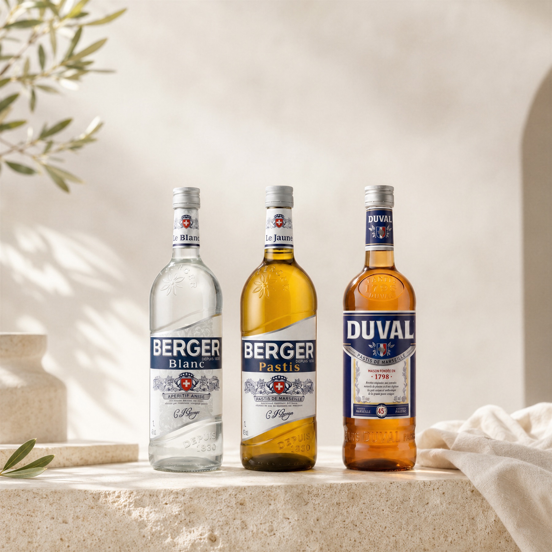 Los aperitivos de anís Berger Blanc y Berger Pastis junto al pastis Duval, servidos al estilo de Marsella sobre piedra clara