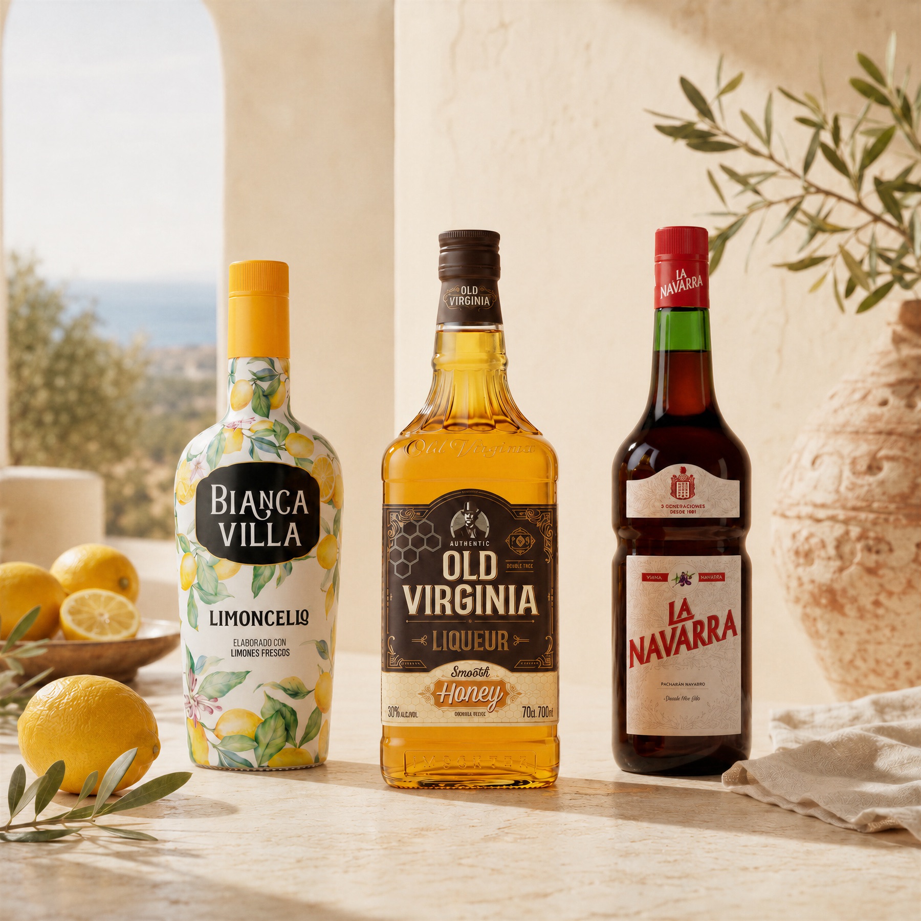 Limoncello Bianca Villa elaborado con limones frescos, junto al licor Old Virginia Honey y el pacharán La Navarra en una terraza mediterránea