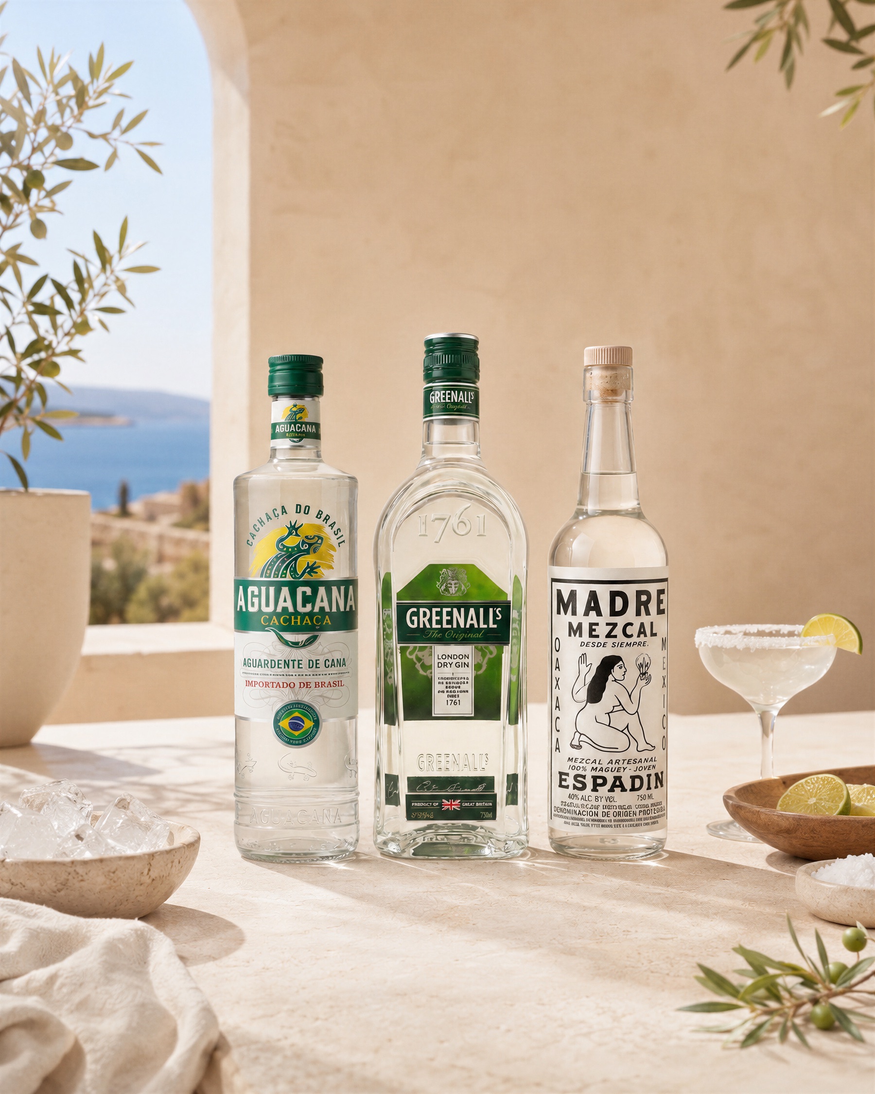 Cachaça Aguacana, gin Greenall's London Dry y Madre Mezcal espadín junto a una copa de margarita con sal y limas