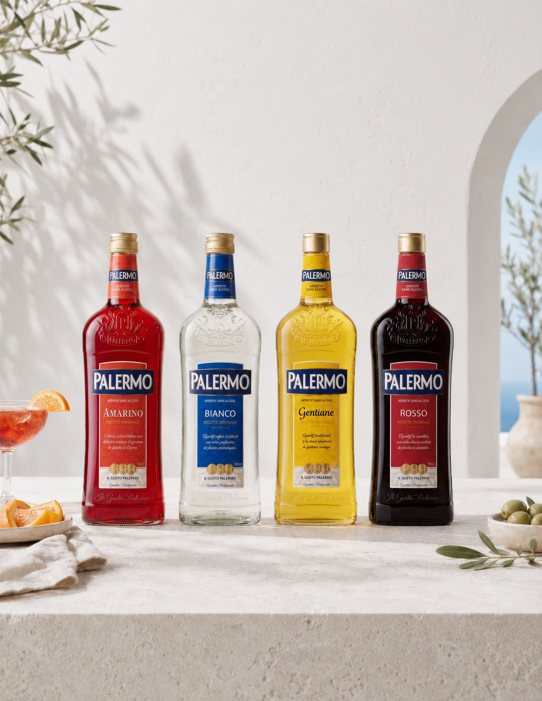 Los cuatro aperitivos sin alcohol Palermo — Amarino, Bianco, Gentiane y Rosso — alineados sobre una mesa de piedra con aceitunas y naranja