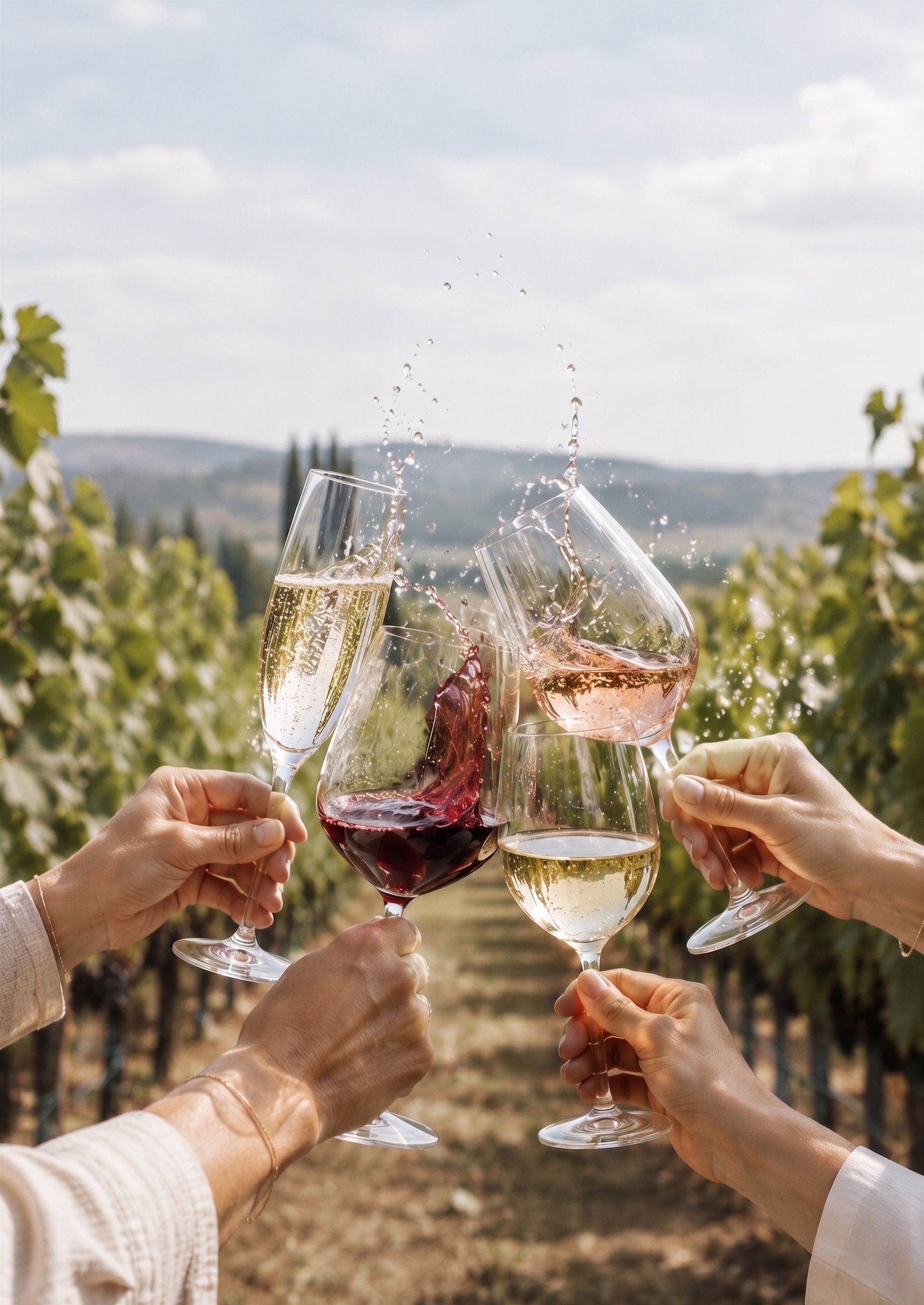 Cuatro copas brindando entre viñedos — espumoso, tinto, rosado y blanco salpicando al sol