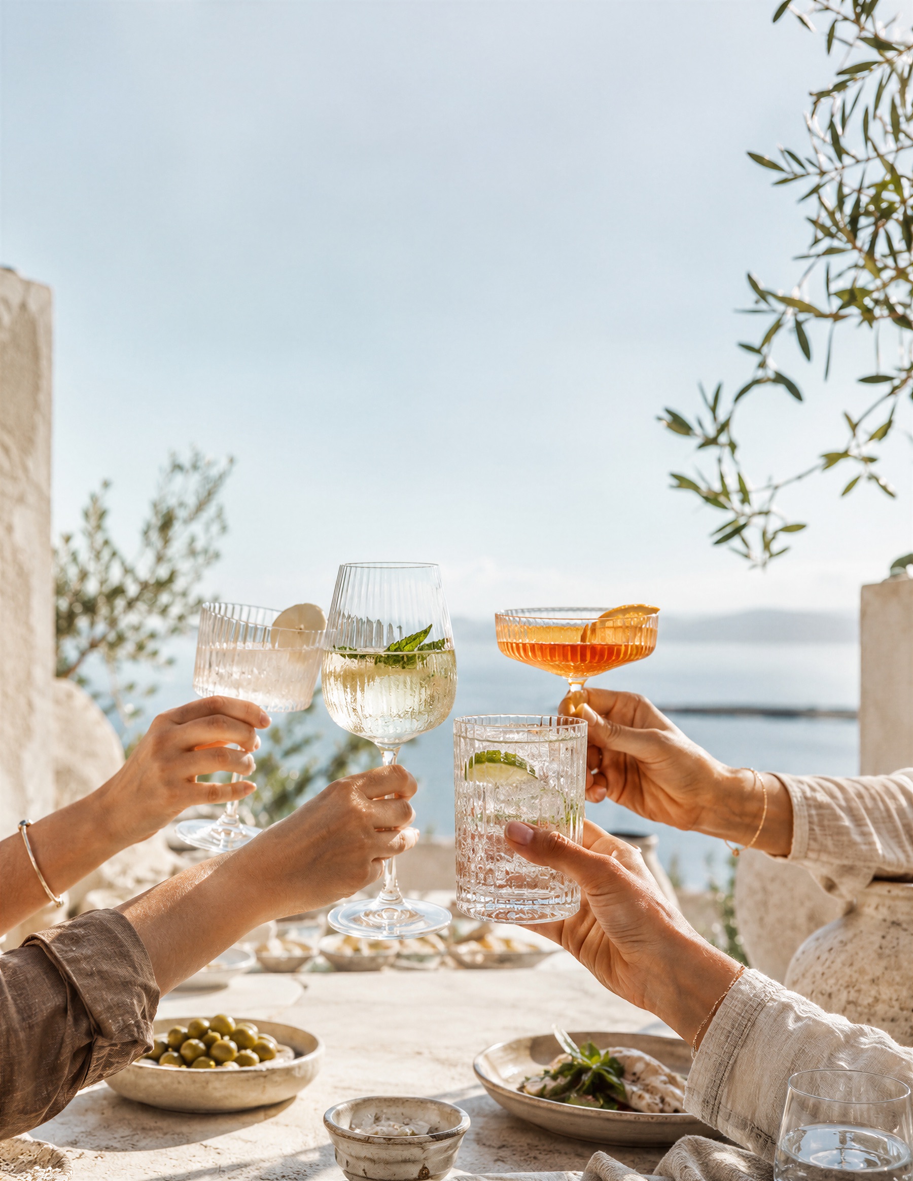 Cuatro manos brindan con copas — spritz, vino blanco y un vaso con lima — en una terraza de piedra con olivos y el mar Mediterráneo de fondo