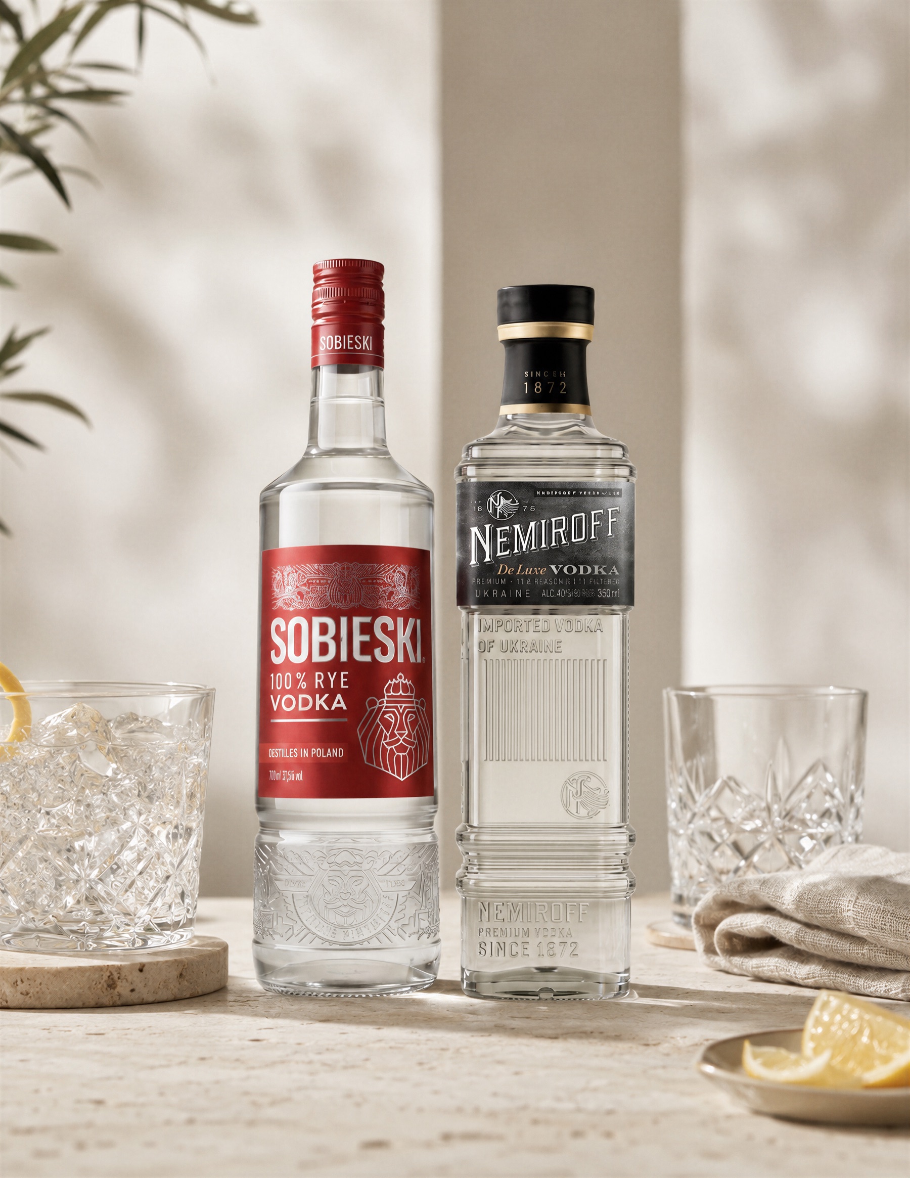 Vodka Sobieski de centeno junto a Nemiroff De Luxe de Ucrania, con vasos tallados y limón